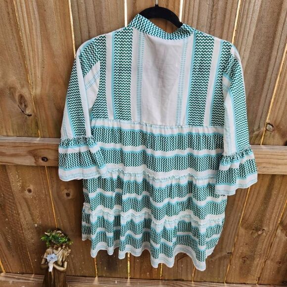 Aly Daly Ruffle Tunic Blouse White Teal Fringe Tassles Women's Small - Picture 6 of 6